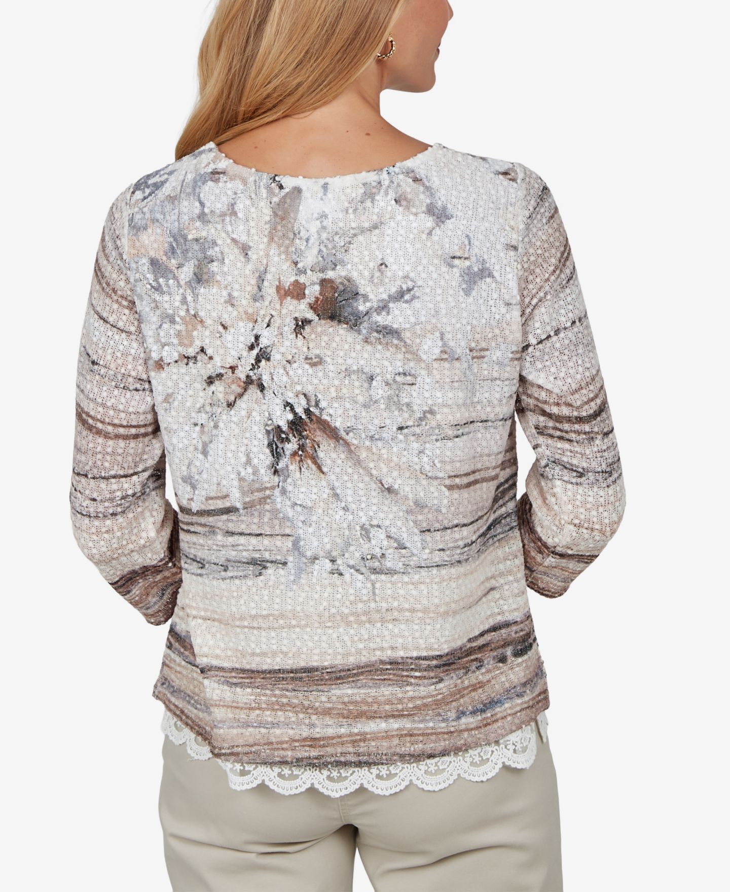 Женская блузка Alfred Dunner Petite 3/4-Sleeve Lace-Trim, цвет: Рыжевато-коричневый разноцветный — фото 4