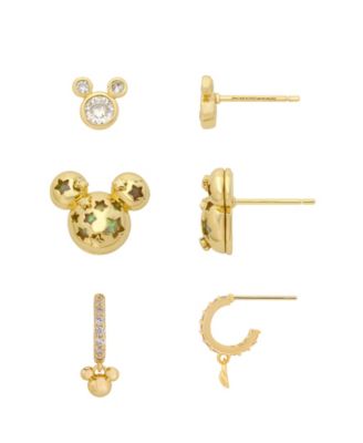 Cubic Zirconia Gold-Plated Mickey Mouse Stud and Hoop Earrings, 3-Piece Set