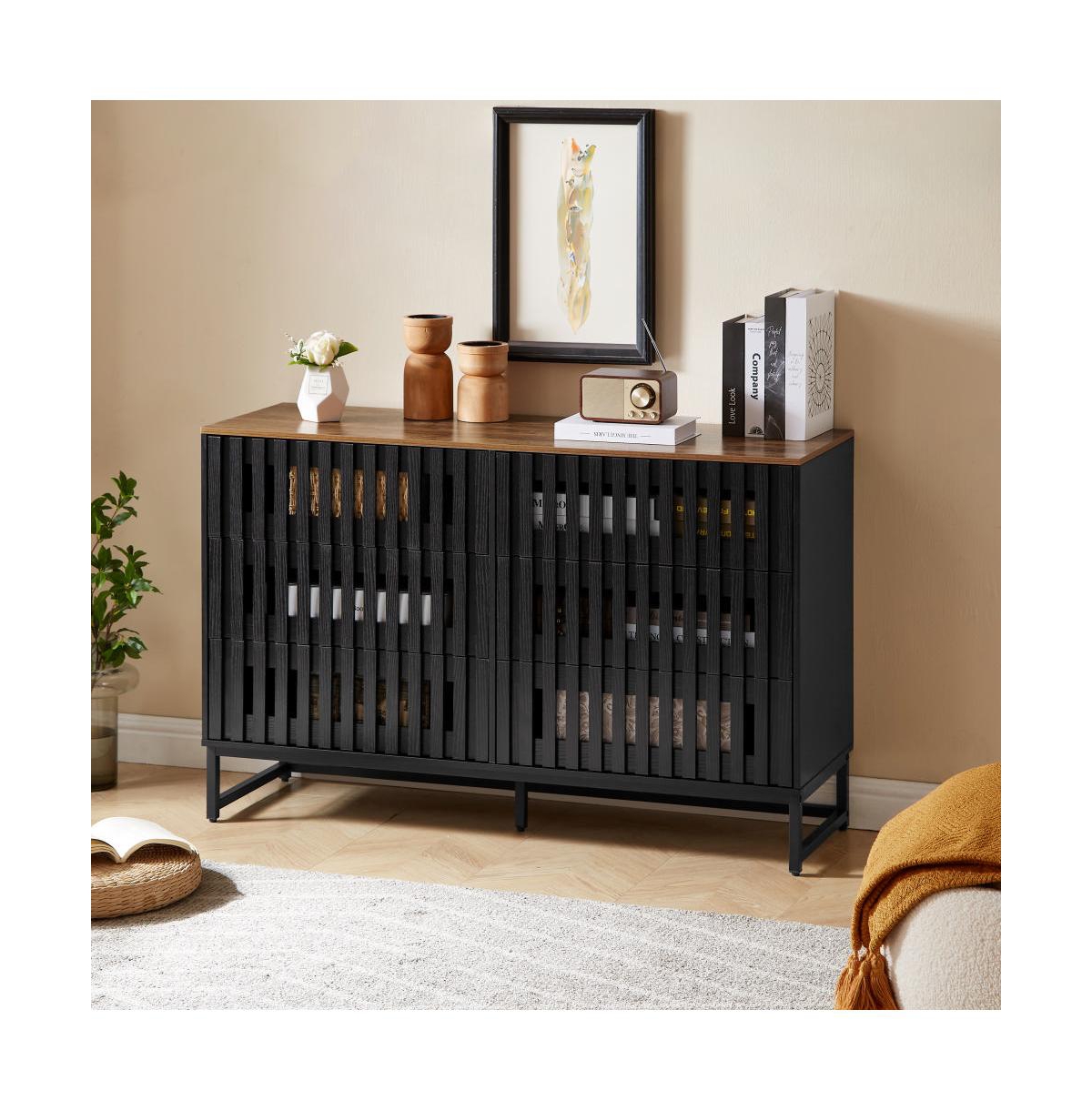 Boyel Living 6 Drawer Double Dresser with Slatted Grille Striped Drawer, Modern Style Dresser, High-Quality Mdf and Metal Leg - Black+brown