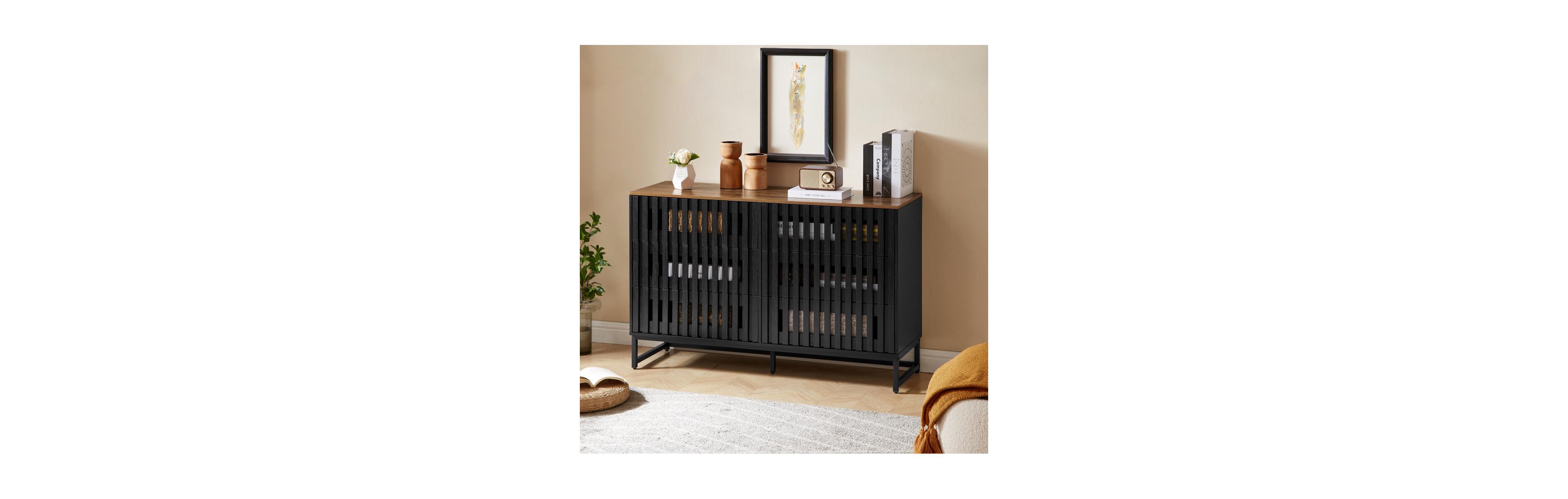 Boyel Living 6 Drawer Double Dresser with Slatted Grille Striped Drawer, Modern Style Dresser, High-Quality Mdf and Metal Leg
