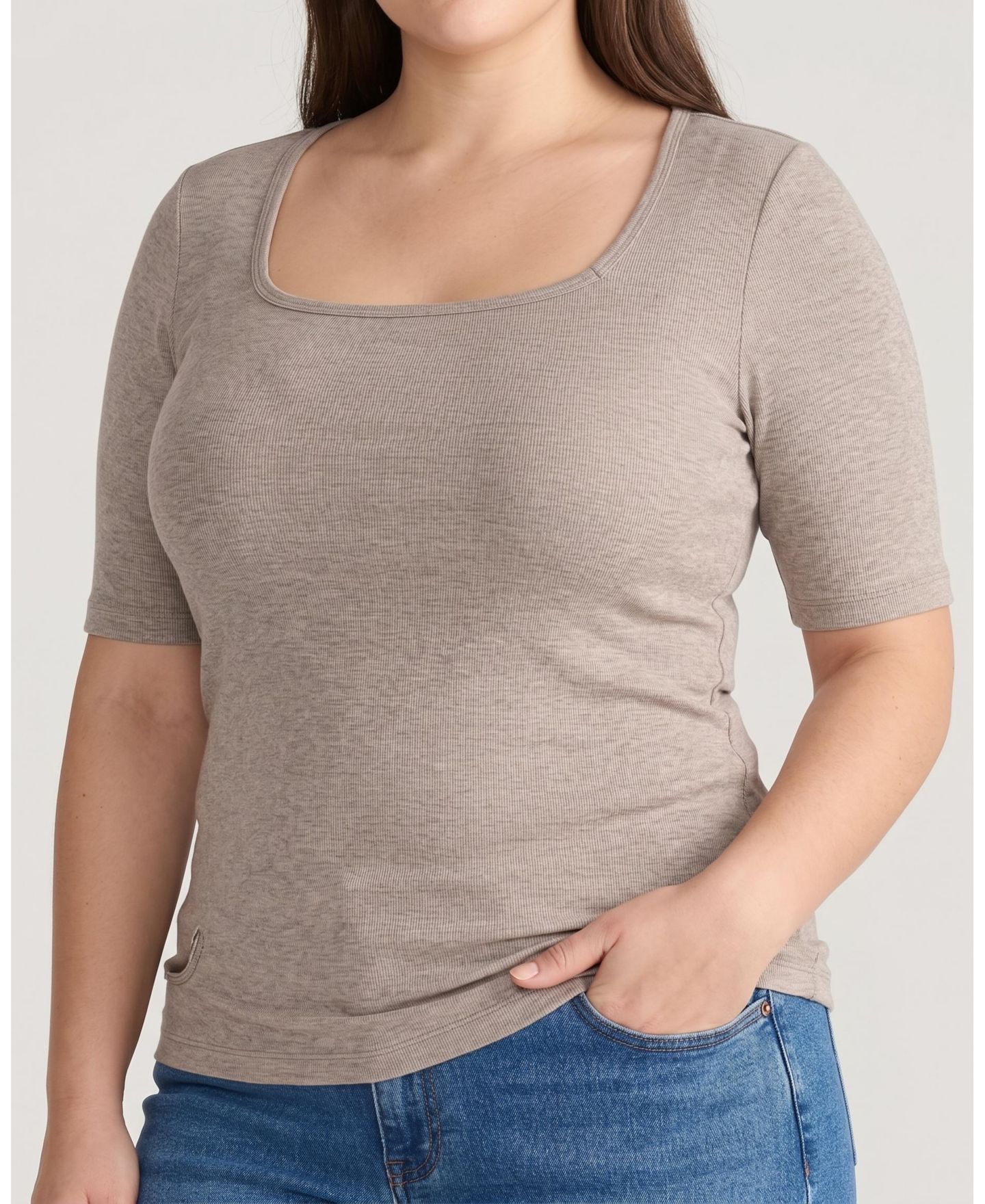 Женская футболка Universal Standard Plus Size Cloud Rib Short Sleeve Square Neck, цвет: Миндальный пыльный — фото 3
