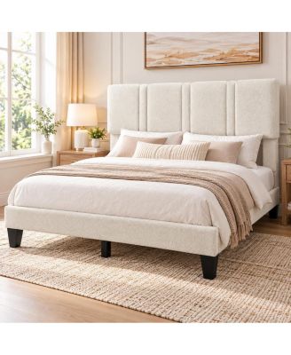 Full Size Boucle Bed Frame with Upholstered Headboard, No Box Spring Needed