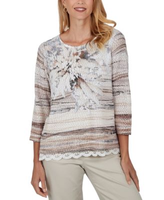 Petite 3/4-Sleeve Lace-Trim Blouse