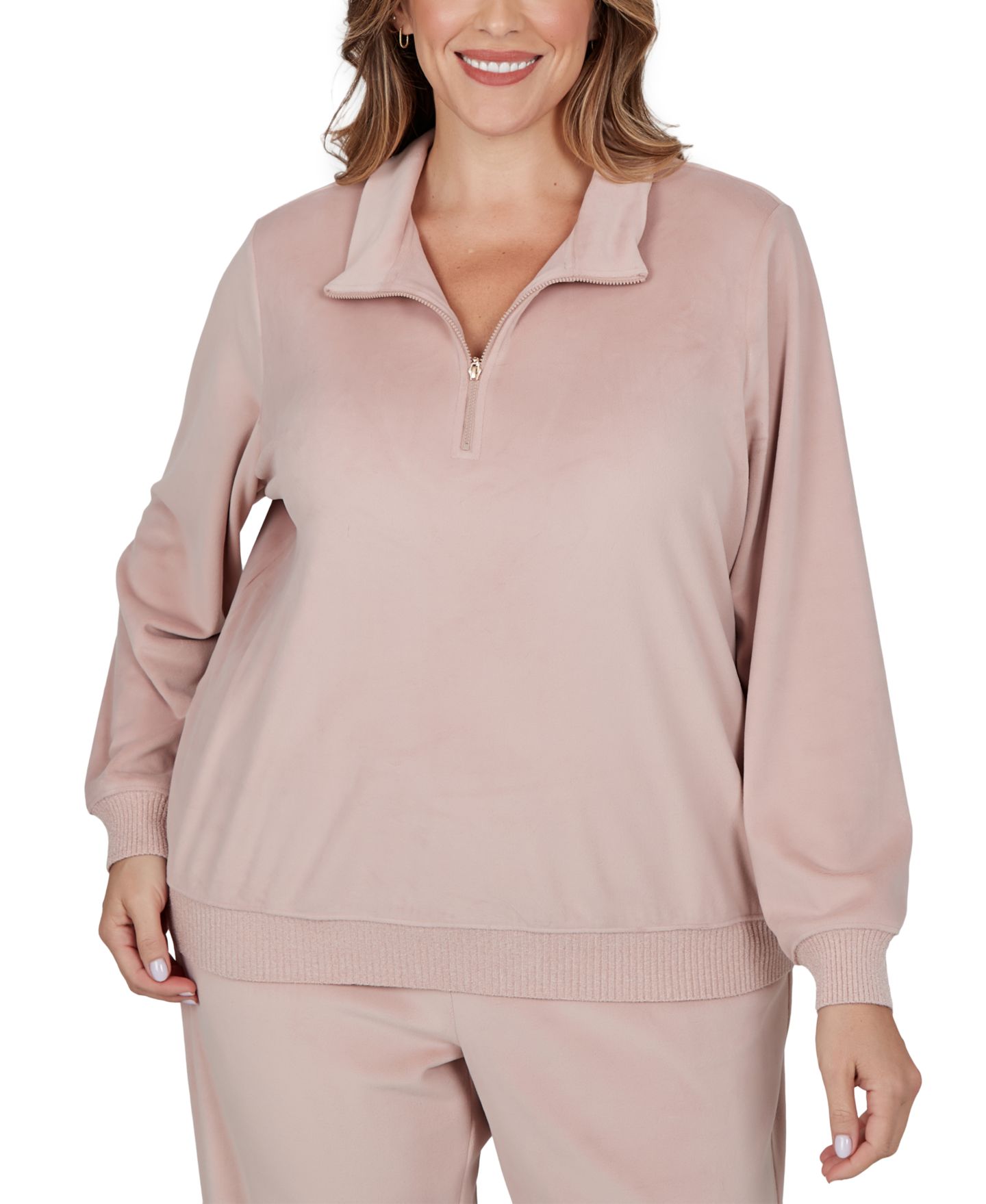 Женский топ Alfred Dunner Plus Size Quarter-Zip Stand-Collar Long-Sleeve, цвет: Розовый — фото 1