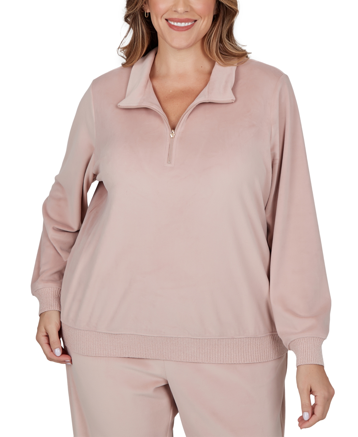 Alfred Dunner Plus Size Quarter-Zip Stand-Collar Long-Sleeve Top - Rose