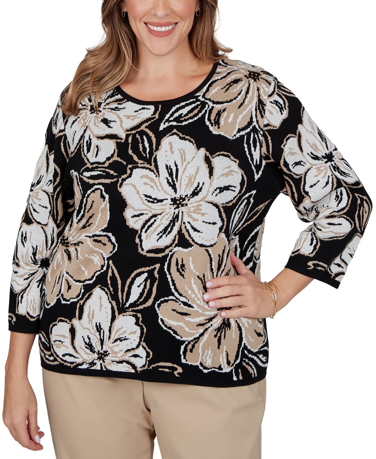 Alfred Dunner Plus Crewneck 3/4-Sleeve Pullover Sweater