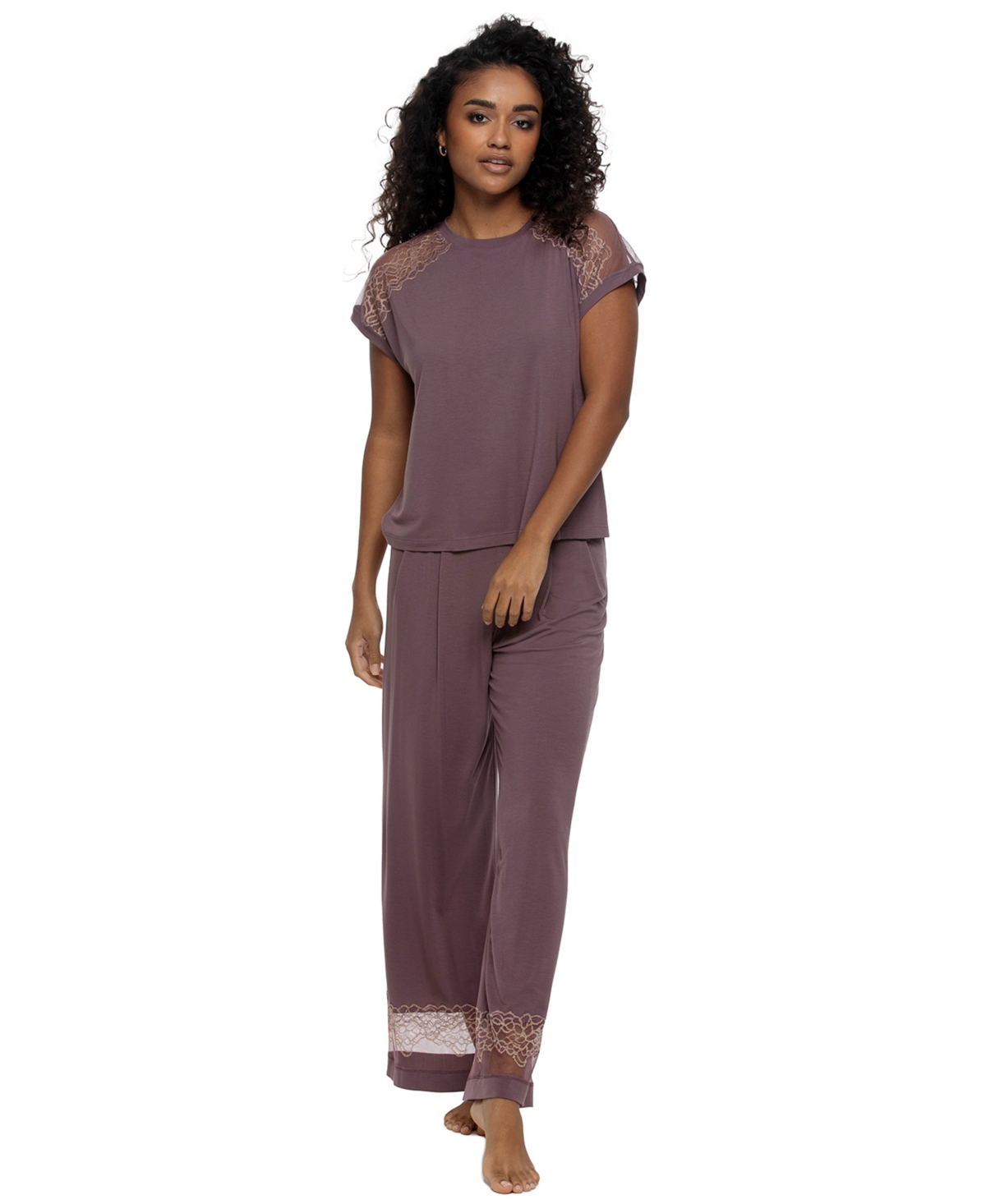 Felina Women's Esme Lace Wide Leg Top and Pants, 2-Piece Set - Flint
