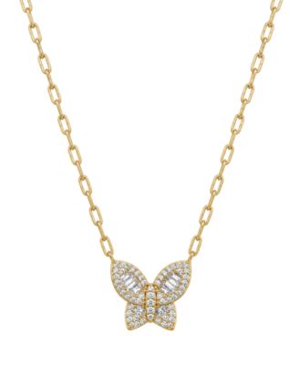 Cubic Zirconia Butterfly Necklace, Gold Plate 16+2" extender