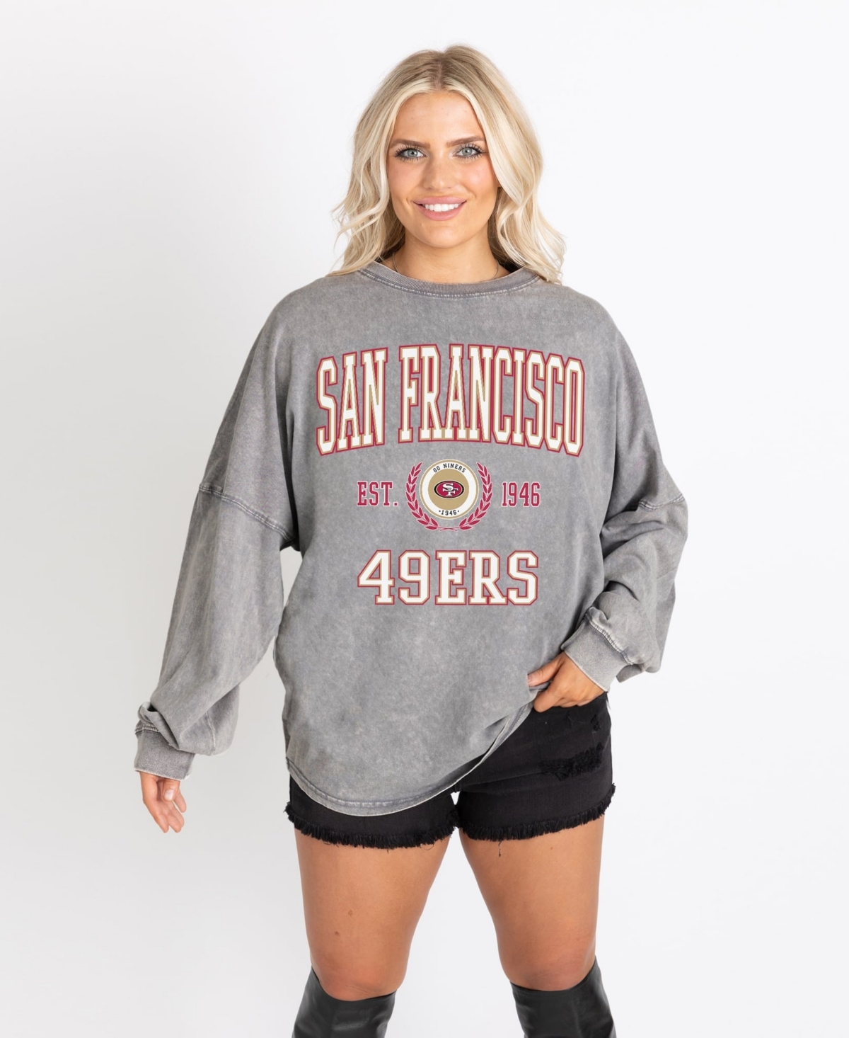 Gameday Couture Women's Gray San Francisco 49ers Oversized Final Score Snow Wash Long-Sleeve T-Shirt - Gray