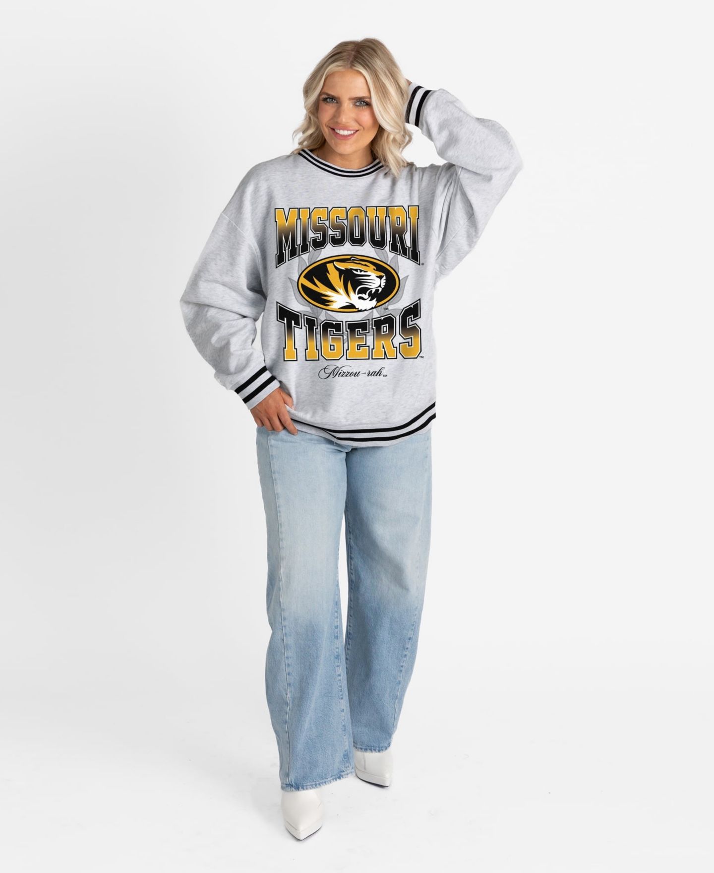 Женская толстовка Gameday Couture Ash Missouri Tigers Oversized Fade Route Ringer Stripe — фото 3