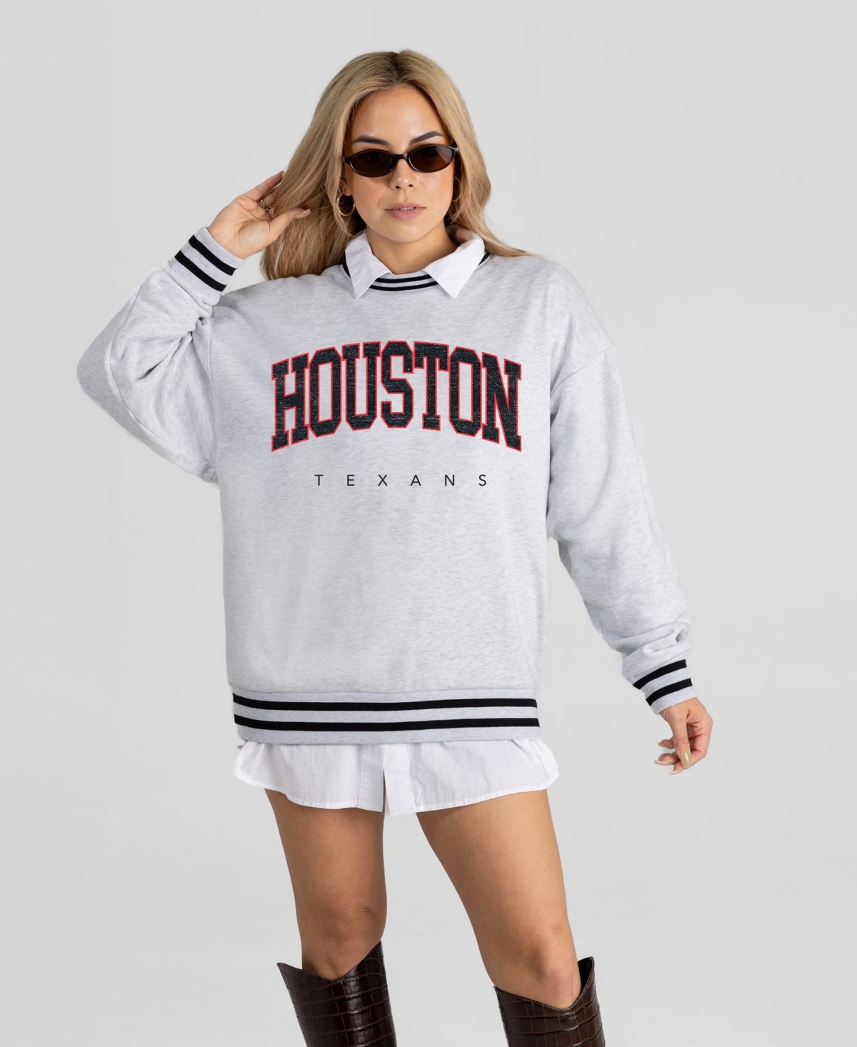 Gameday Couture Women's Ash Houston Texans Oversized Easy Energy Ringer Stripe Sweatshirt - Ash