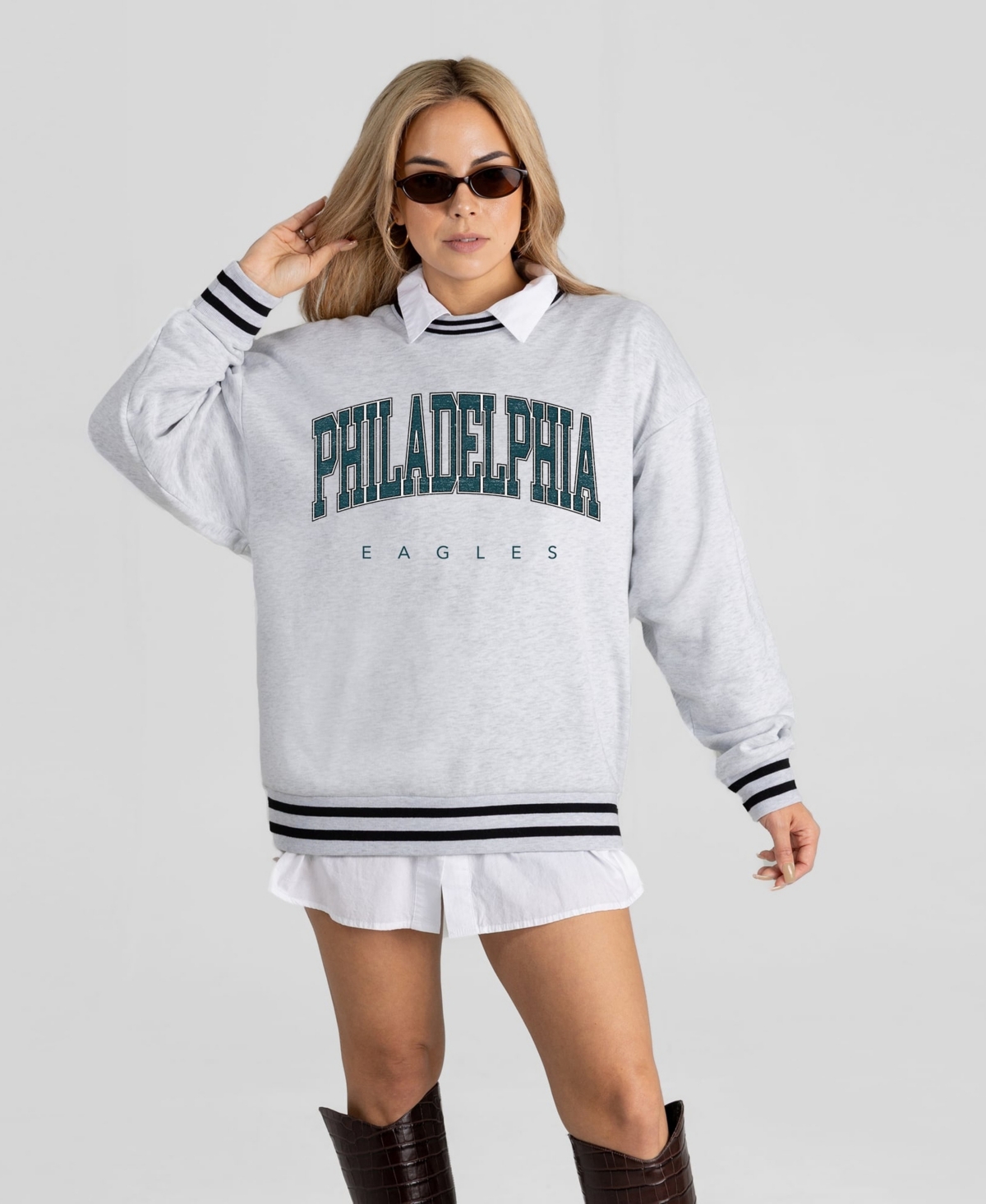 Gameday Couture Women's Ash Philadelphia Eagles Oversized Easy Energy Ringer Stripe Sweatshirt - Ash