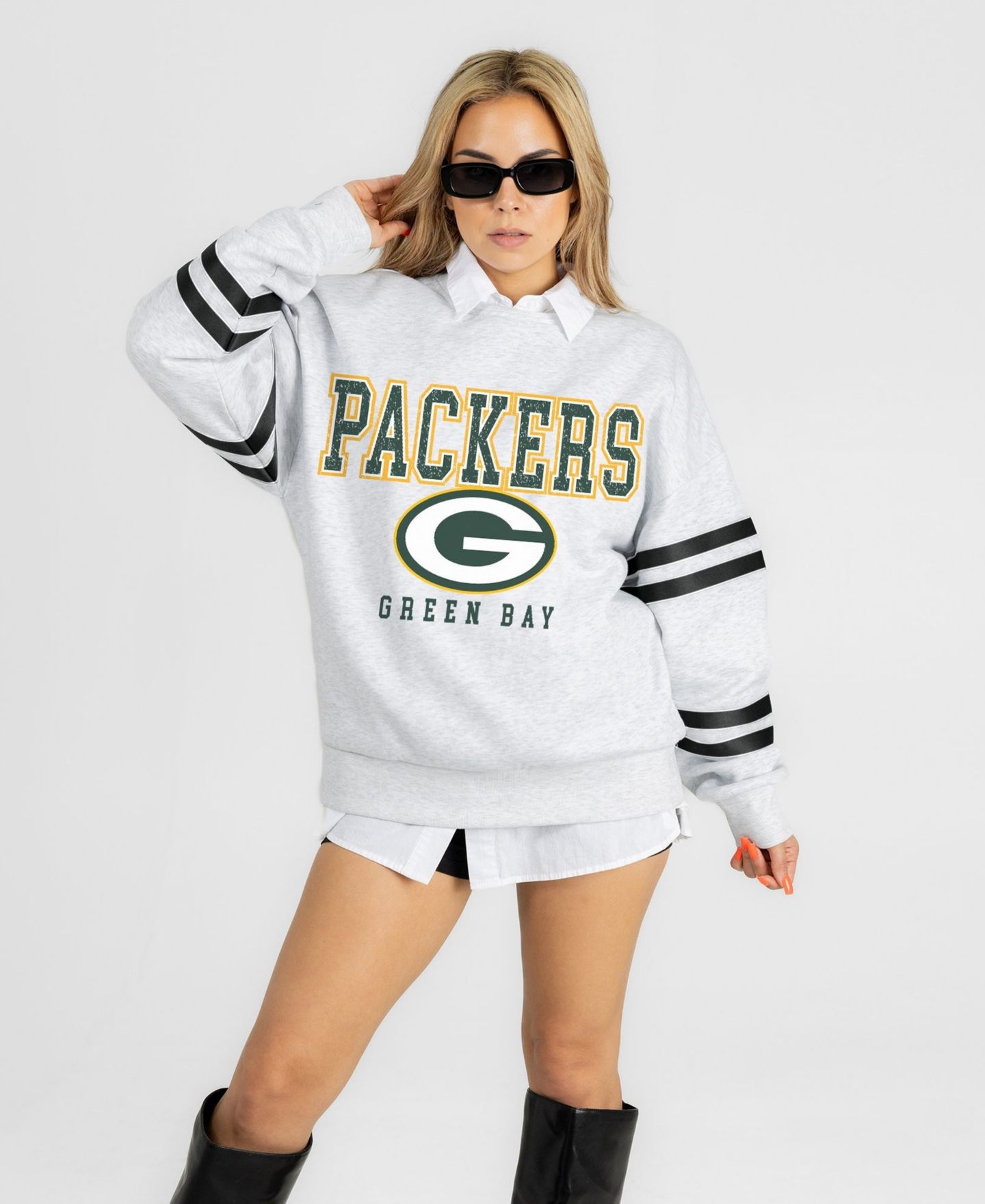 Женская толстовка Gameday Couture Ash Green Bay Packers Stadium Stripes Oversized Fleece — фото 1