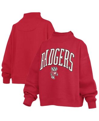 Women's Red Wisconsin Badgers Oversized Slogan Fleece Mock Neck Sweatshirt