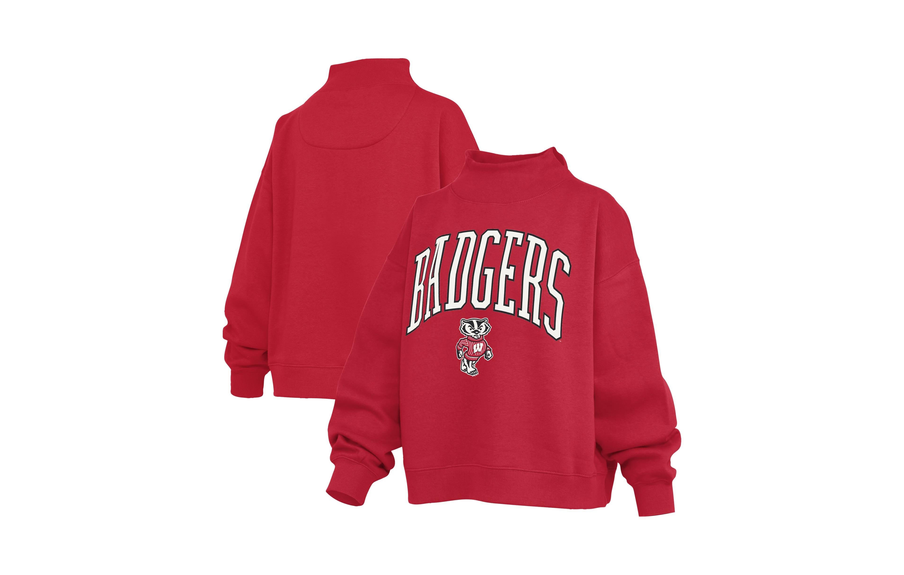Pressbox Women's Red Wisconsin Badgers Oversized Slogan Fleece Mock Neck Sweatshirt