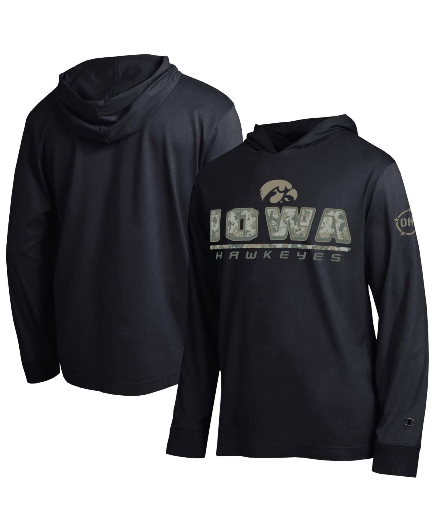 Мужская футболка Champion Black Iowa Hawkeyes Operation Hat Trick Camo Script Hooded Long-Sleeve — фото 1