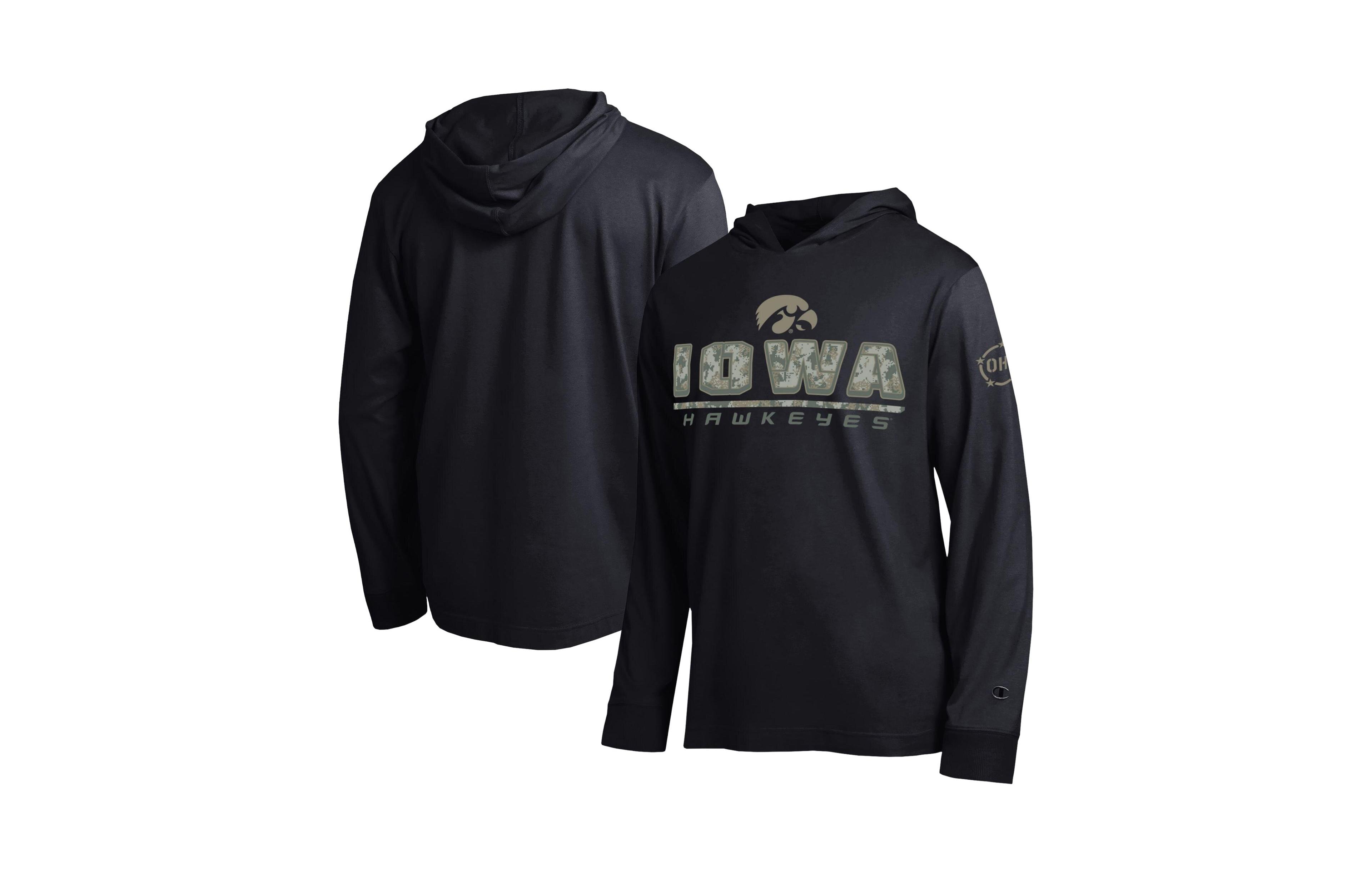 Champion Men's Black Iowa Hawkeyes Operation Hat Trick Camo Script Hooded Long-Sleeve T-Shirt