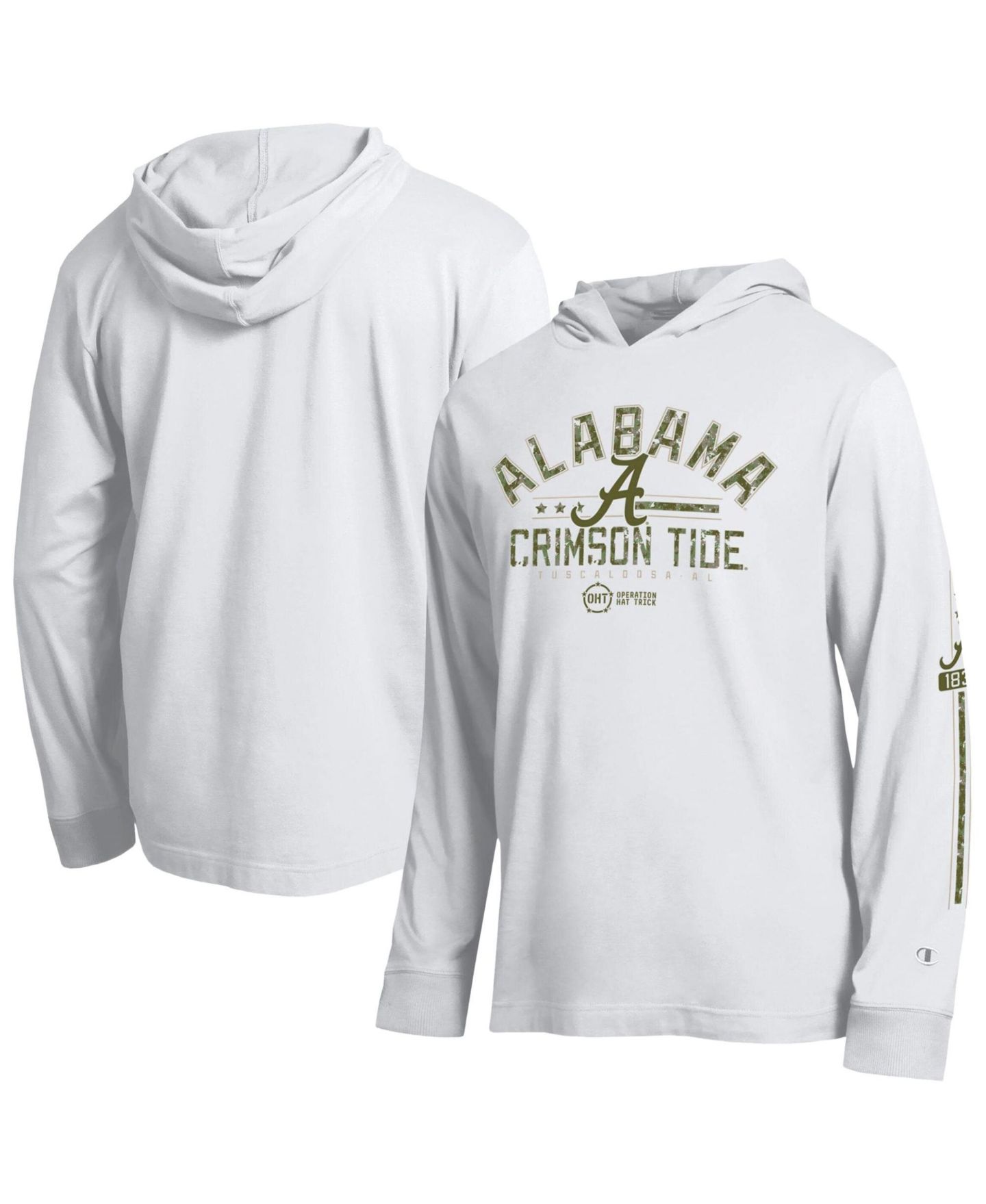 Мужская футболка Champion White Alabama Crimson Tide Operation Hat Trick Sleeve Line Hooded Long-Sleeve — фото 1