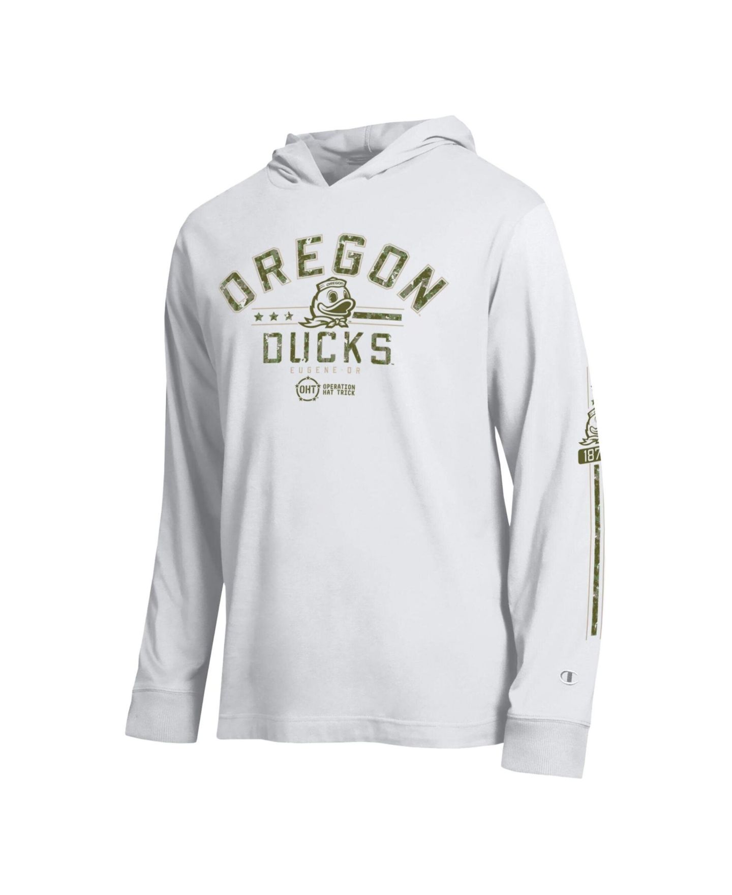 Мужская футболка Champion White Oregon Ducks Operation Hat Trick Sleeve Line Hooded Long-Sleeve — фото 2