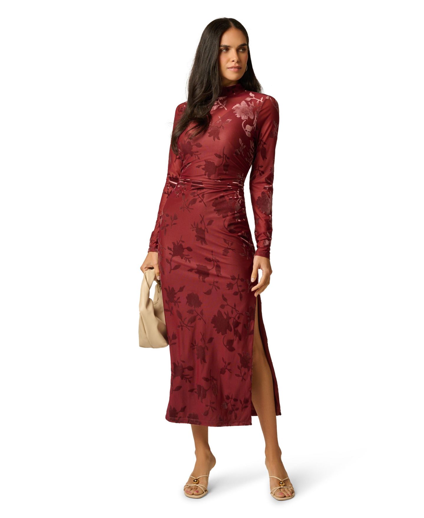 Женское платье Adrianna Papell Velvet Burnout Midi Long-Sleeve Mock-Neck Floral, цвет: Каштаново-рыжий — фото 2