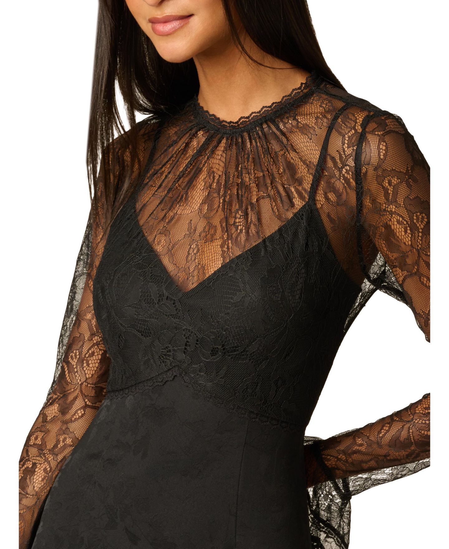 Женское платье Adrianna Papell Combo Satin Ankle Long-Sleeve Lace A-Line, цвет: Чёрный — фото 3
