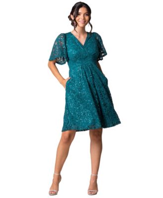 Women's Starry Sequin Lace V-Neck Cocktail Dress with Pockets
