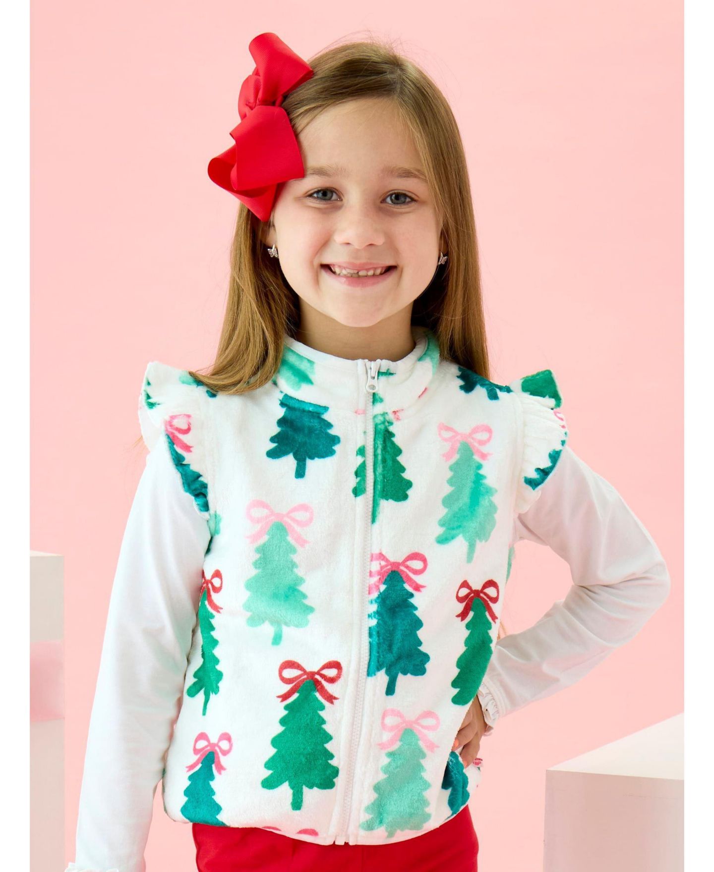 Жилет RuffleButts Quarter-Zip Ruffle Mock-Neck Fleece для девочек, цвет: Christmas Tree Bows — фото 4