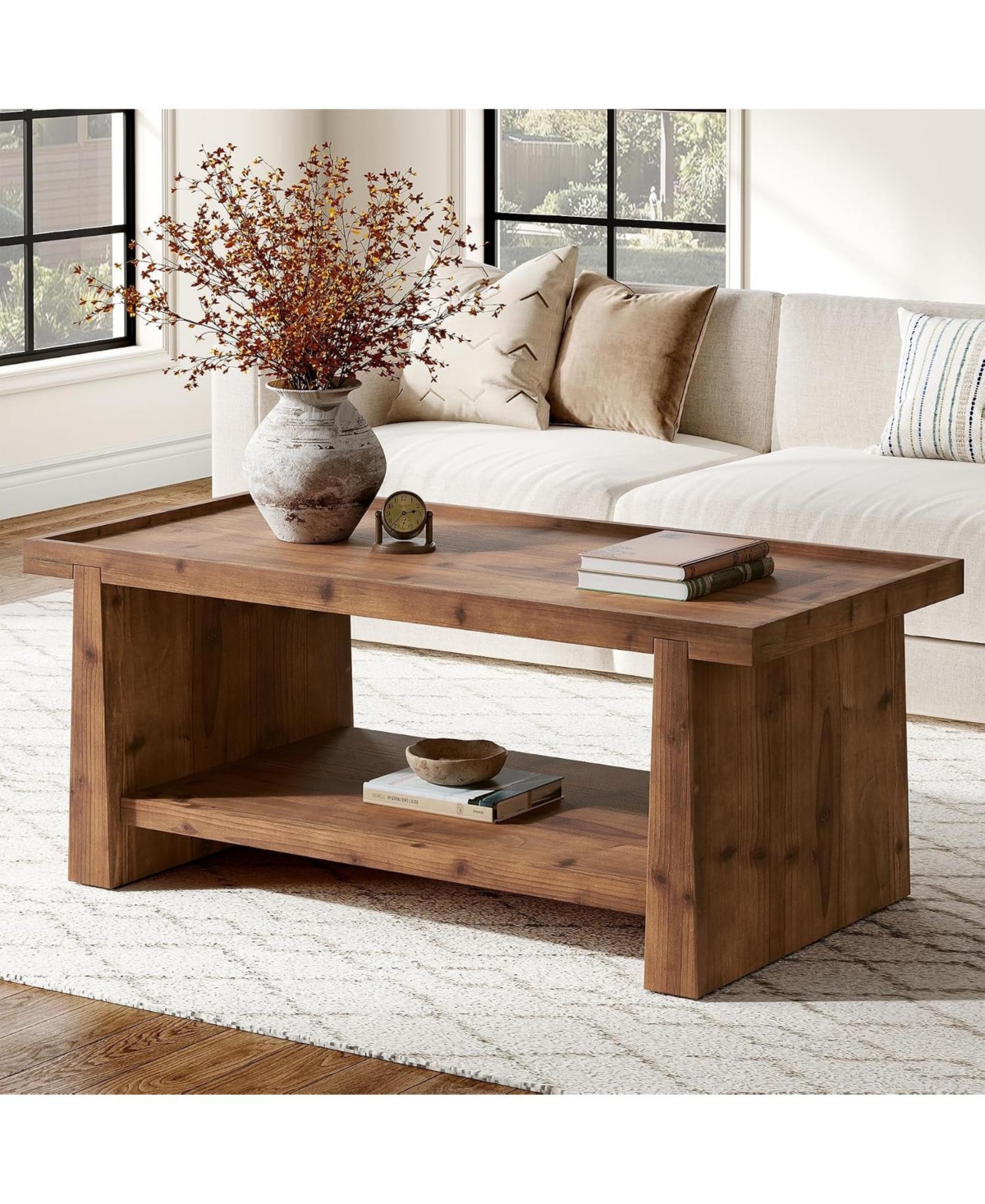Tribesigns Solid Wood Coffee Table with 2-Tier Storage Shelf