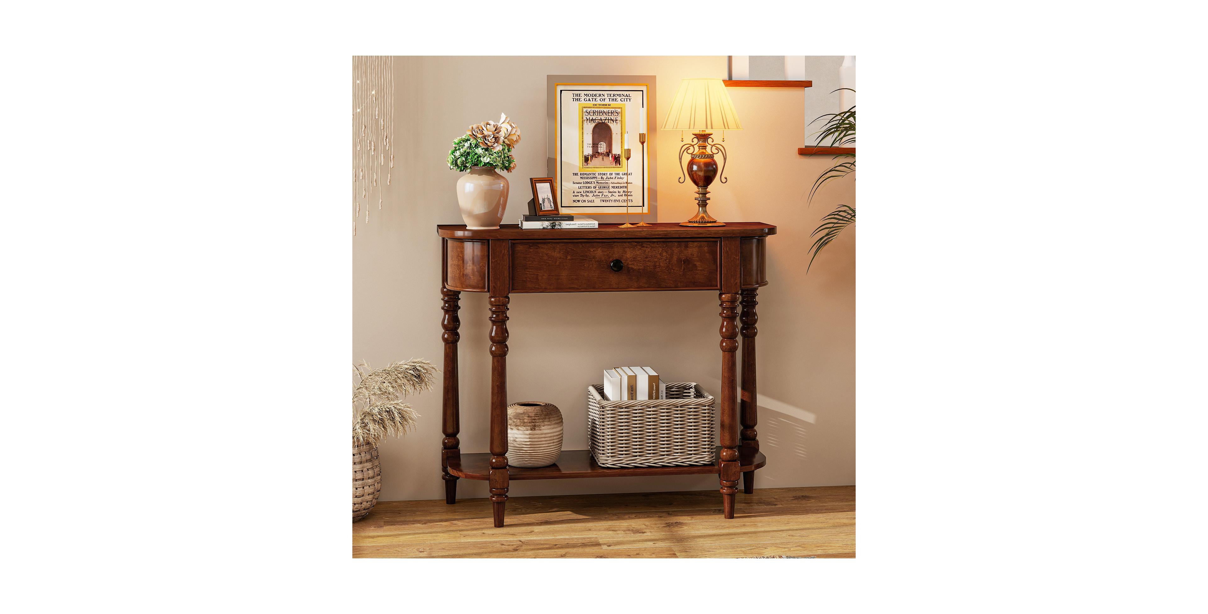 Mecale 36 in Retro 2-Tier Narrow Console Table with Drawer