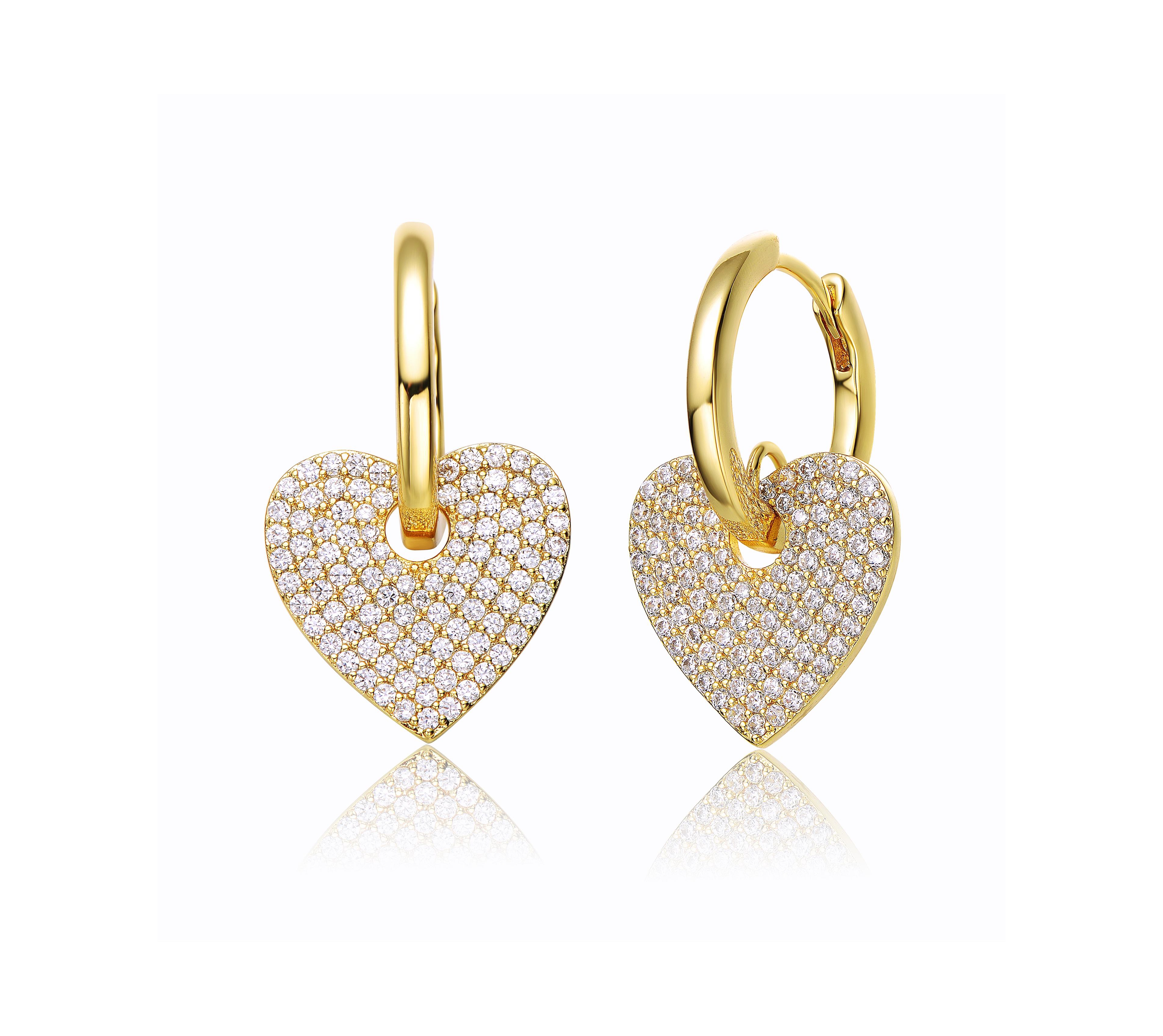 14k Yellow Gold Plated with Cubic Zirconia Heart Dangle Infinity Hoop Drop Earrings