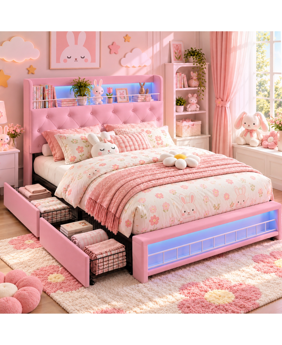 Gaomon Upholstered Platform Bed Frame With Tufted Headboard And Under-Bed Storage Drawers
