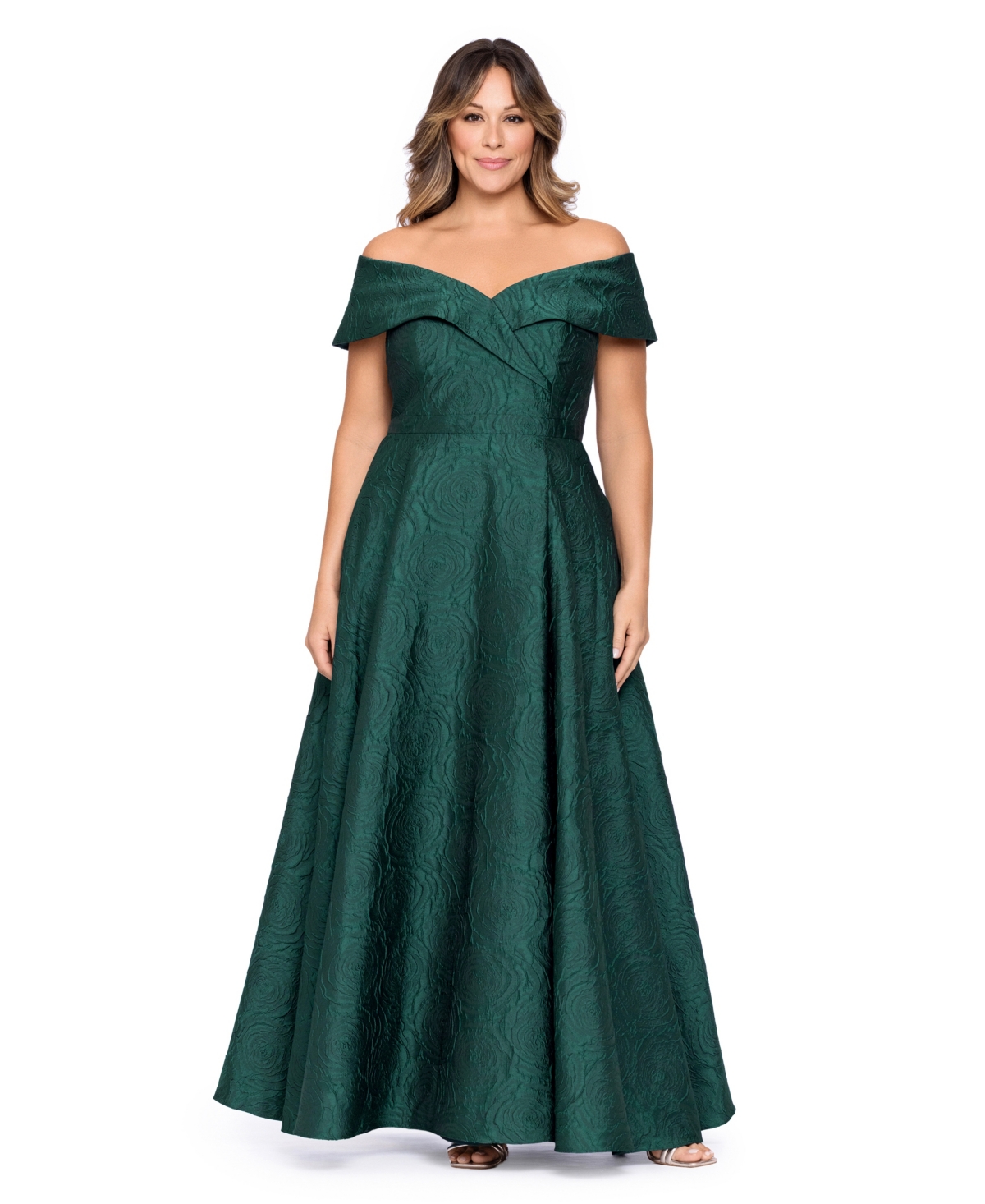 Xscape Plus Size Danielle Off-the-Shoulder Brocade Ball Gown - Hunter