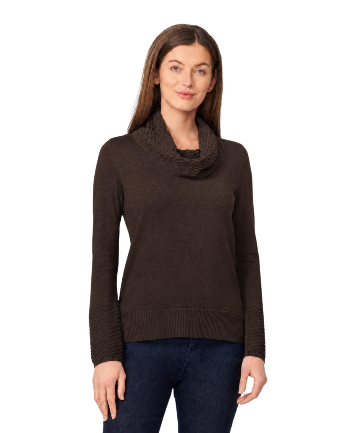 Melissa Paige Petite Chevron-Trimmed High-Low Cowl-Neck Sweater - Chocolate torte