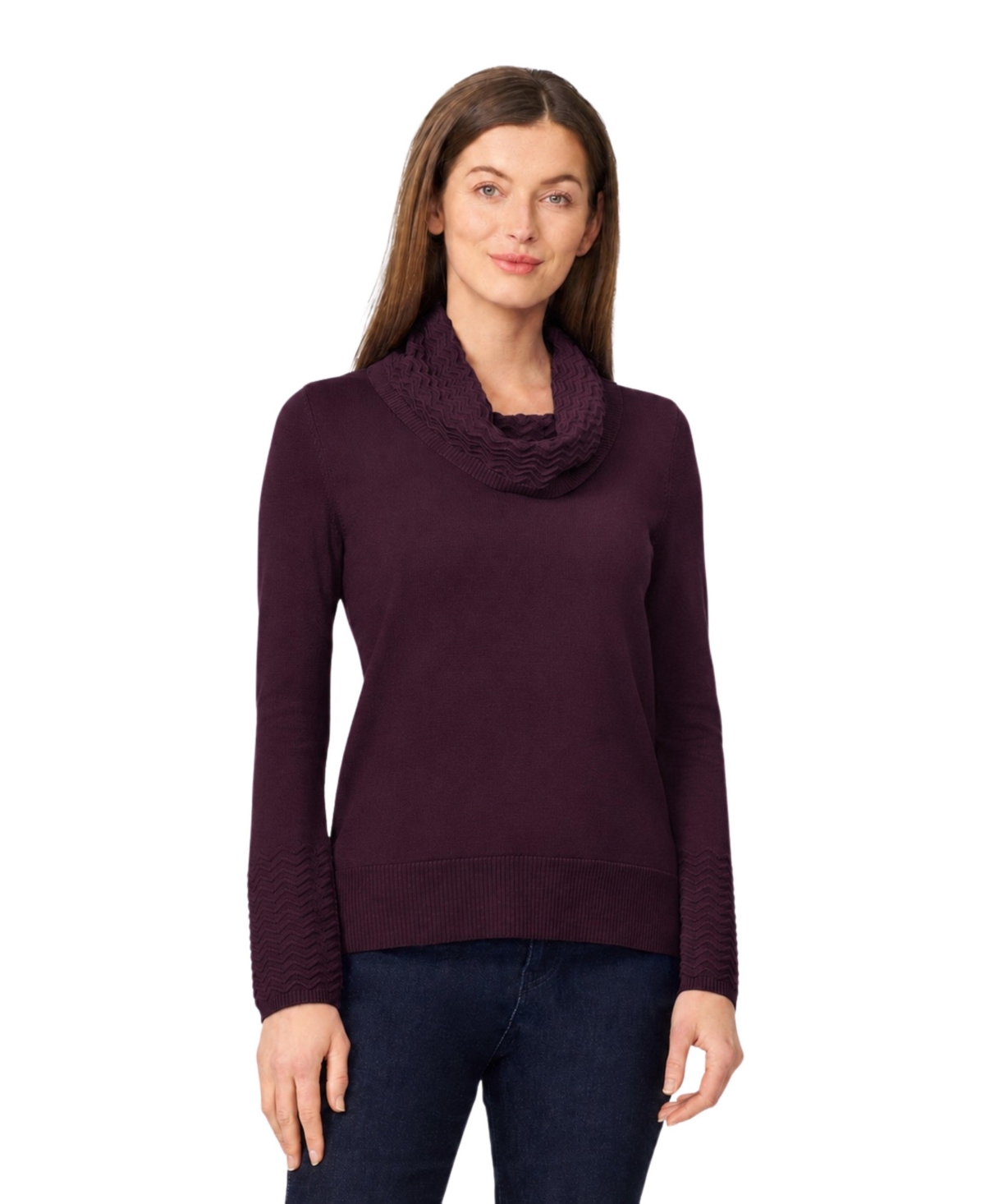 Melissa Paige Petite Chevron-Trimmed High-Low Cowl-Neck Sweater - Aubergine gleam