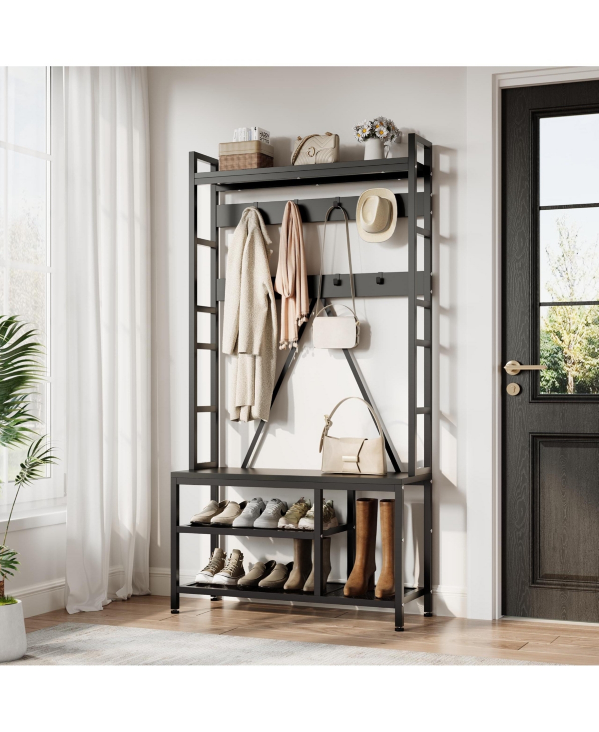 Gaomon 5-in-1 Hall Tree with Bench and Coat Rack,shoe shelves and Top Shelf,36.41" Freestanding Storage Organizer - Brown