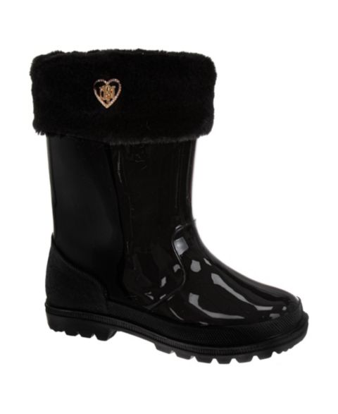 Ботинки Badgley Mischka Faux Fur Rain Boots, Glossy Waterproof Style Mid Calf with Lug Sole для девочек, цвет: Чёрный