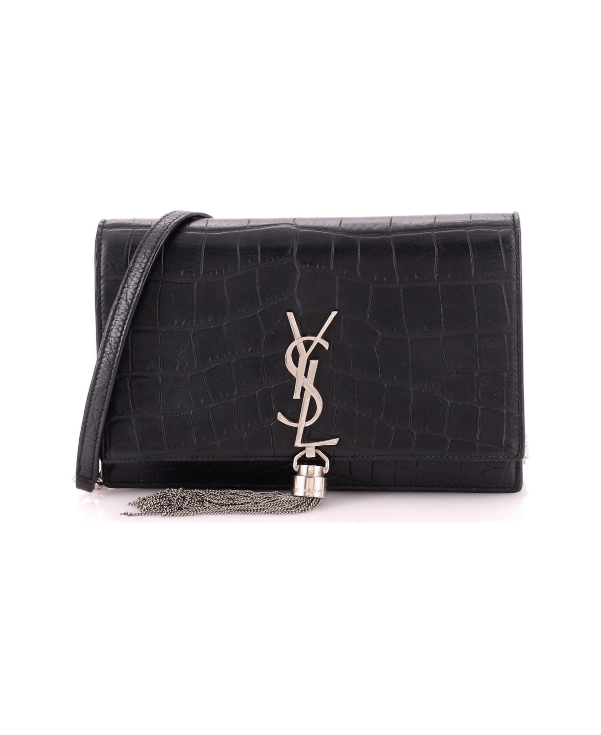Pre-Owned Saint Laurent Classic Monogram Tassel Chain Wallet Embossed Leather - Black
