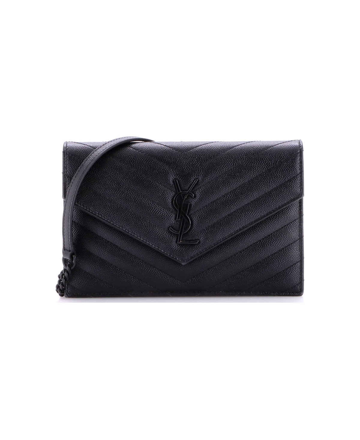Pre-Owned Saint Laurent Small Classic Monogram Wallet on Chain Matelasse Chevron Leather - Black