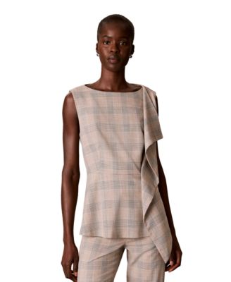 Women's Draped Peplum Boat Neck Plaid Sleeveless Blouse