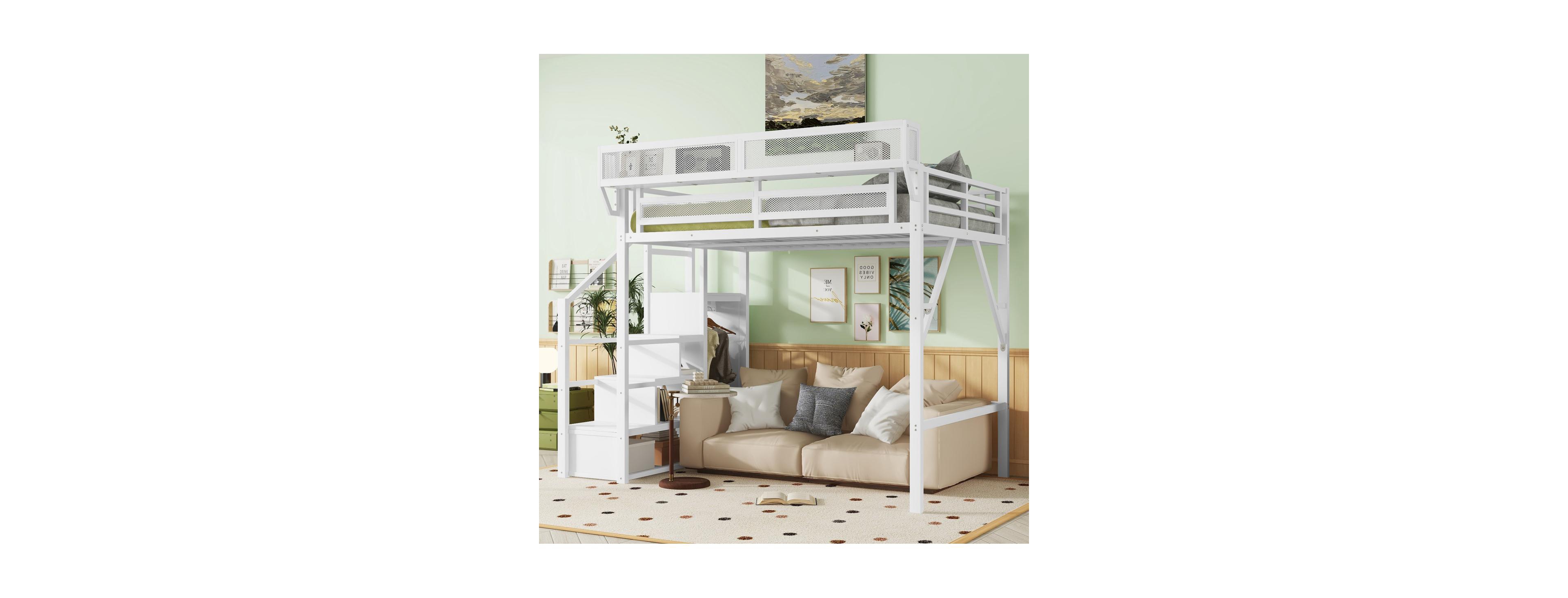 Streamdale Furniture Metal Full Size Loft Bed with Stairs, Storage, and Wardrobe