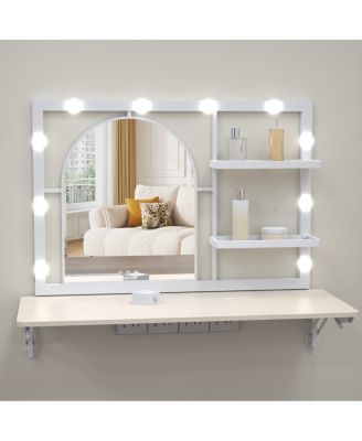 Floating Wall Mounted Makeup Vanity with Arched LED Mirror and Shelves