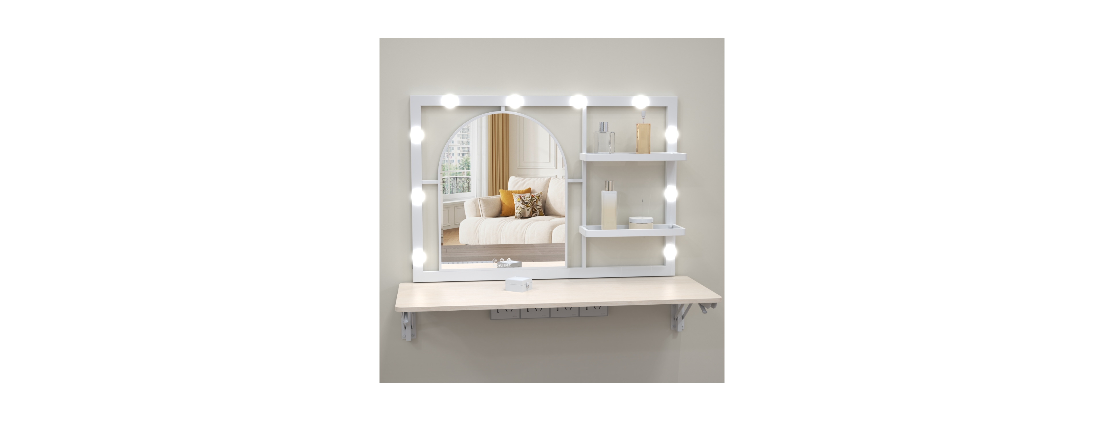 Streamdale Furniture Floating Wall Mounted Makeup Vanity with Arched Led Mirror and Shelves