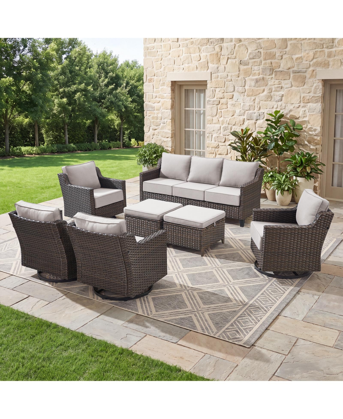 Pocassy Horiz 7-Piece Patio Furniture Set Wicker Swivel Rocking Chairs Outdoor Couch Ottomans High Back Conversation Set 6" Thick Cushions - Beige bro