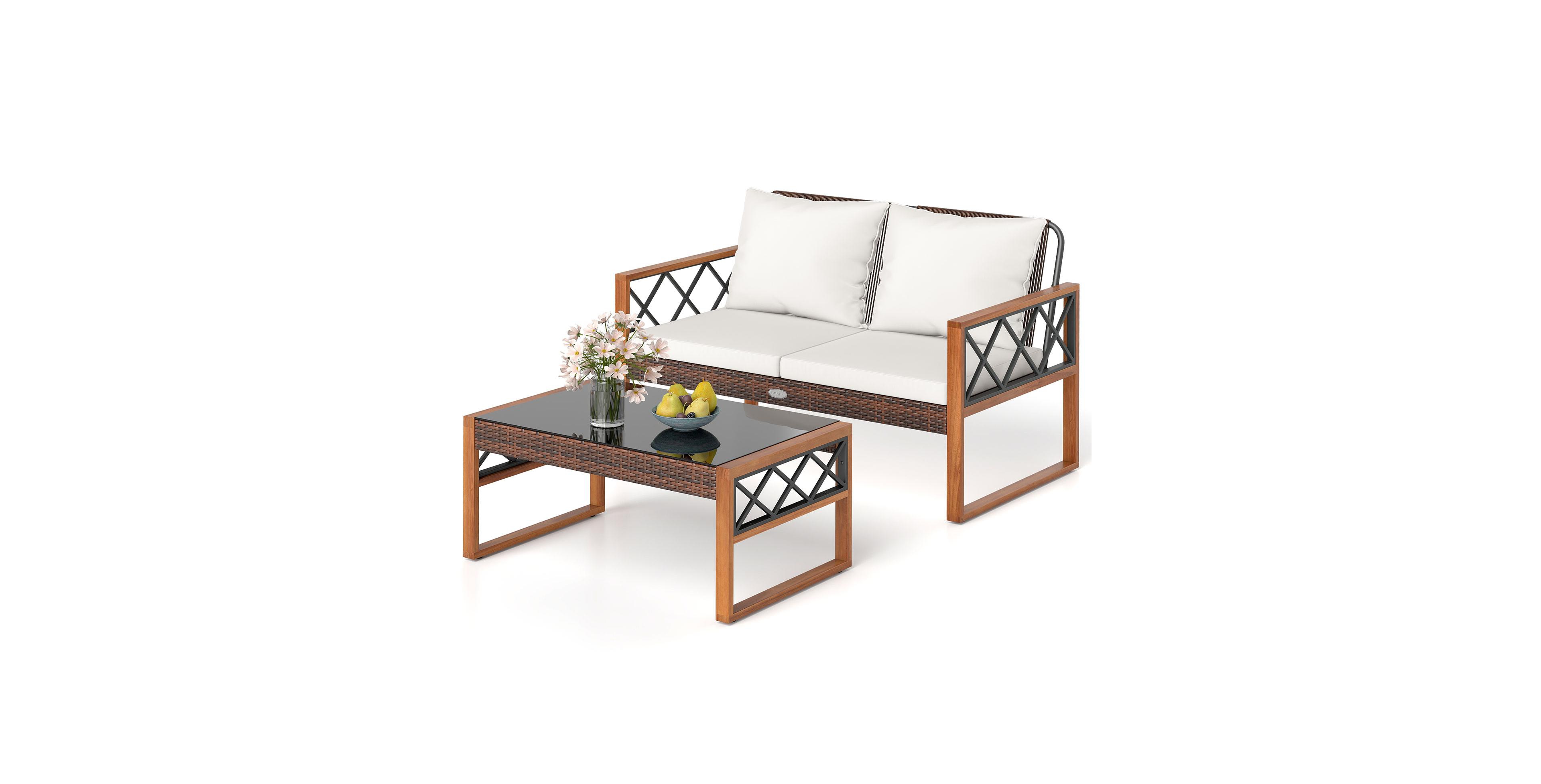 Gouun 2-Piece Outdoor Wicker Loveseat and Coffee Table Set with Acacia Wood