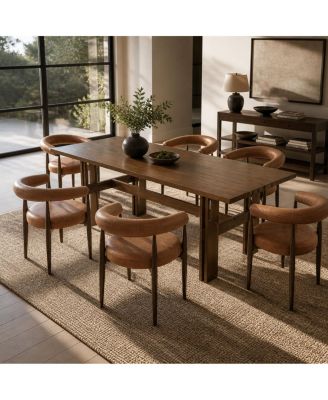 7-Piece Walnut Rubber Wood Dining Table Set with 6 PU Leather Chairs