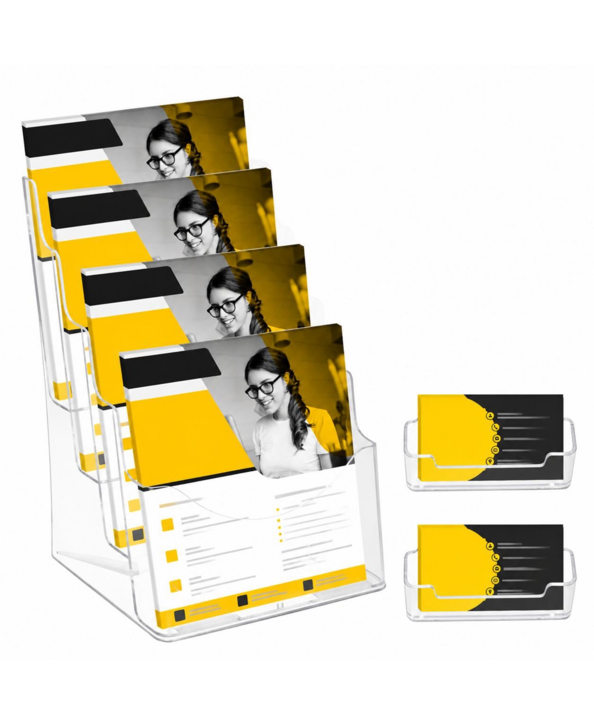 Lowking 4 Tier Acrylic Brochure Holder With 2 Business Card Holders Literature Display Stand - Default