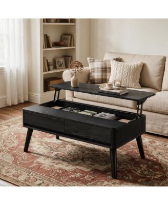 Hydraulic Lift Top Mid-Century Modern Coffee Table with 2 Drawers