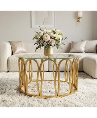 Modern Glam Round Tempered Glass Coffee Table with Gold Metal Frame