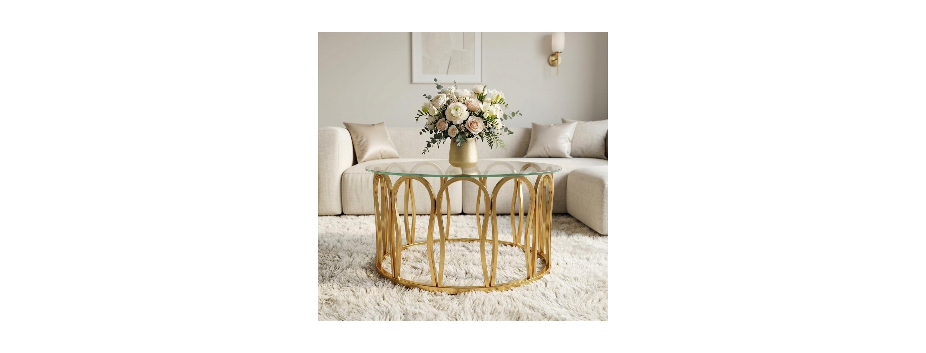 Streamdale Furniture Modern Glam Round Tempered Glass Coffee Table with Gold Metal Frame
