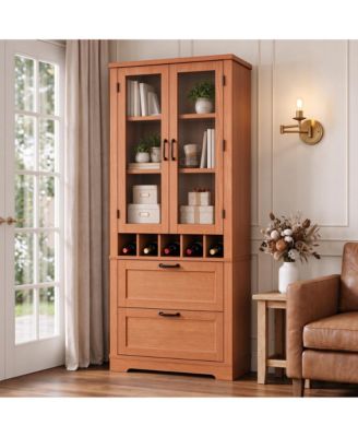 71-Inch Freestanding Pantry Cabinet with Glass Doors Adjustable Shelves and 2 Drawers Storage Hutch